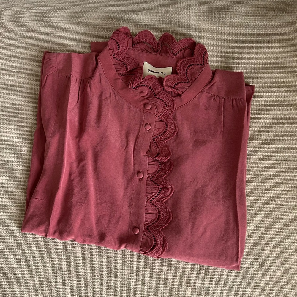 Sezane Chlo Silk Shirt Blouse Rosewood Pink Classic French Top Lace - Picture 6 of 12